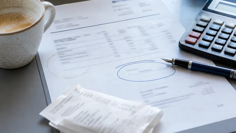 Printed agency invoice next to a desk calculator, a pen and a coffee cup