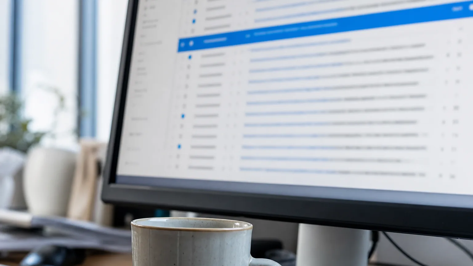 Monitor on a desk showing an inbox of candidate replies next to a coffee cup