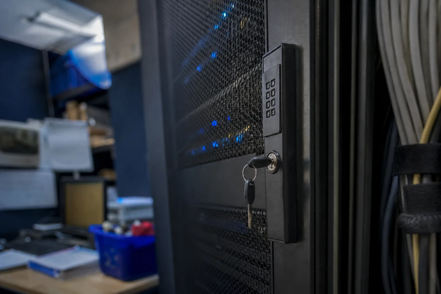 Locked server cabinet with a keypad and blue status lights