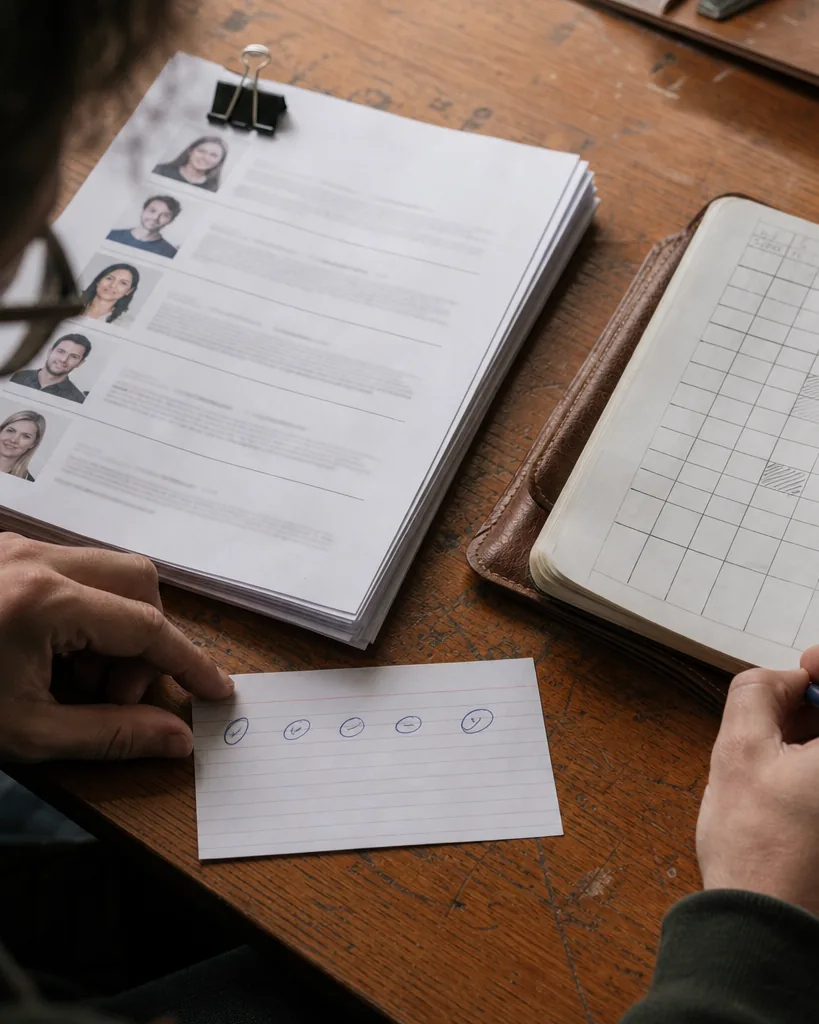 Thick stack of printed candidate profiles next to an index card with three circled initials and a hand drawn interview schedule