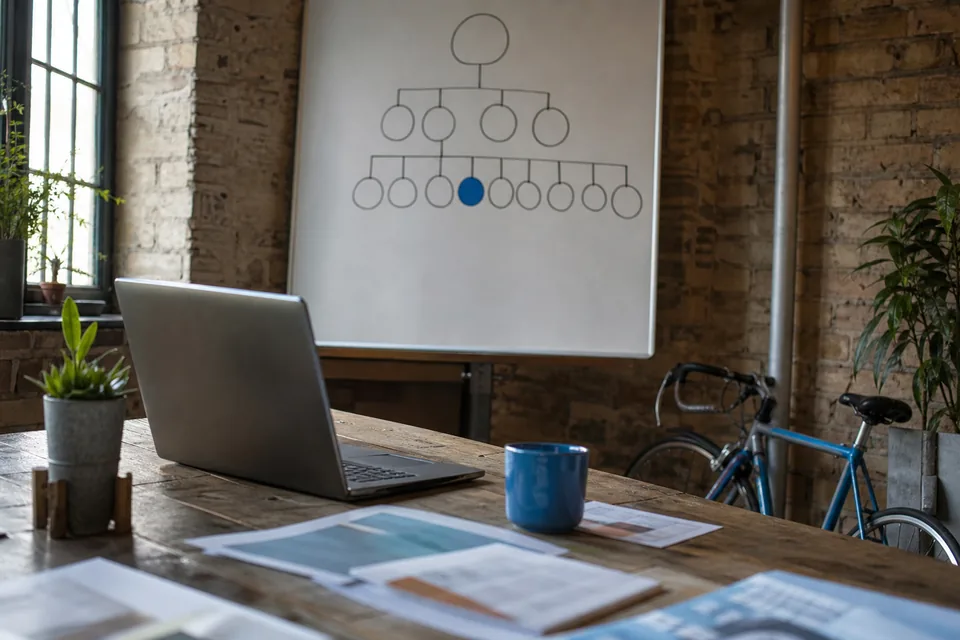 Loft startup workspace with a long wooden table, a laptop and a whiteboard org chart