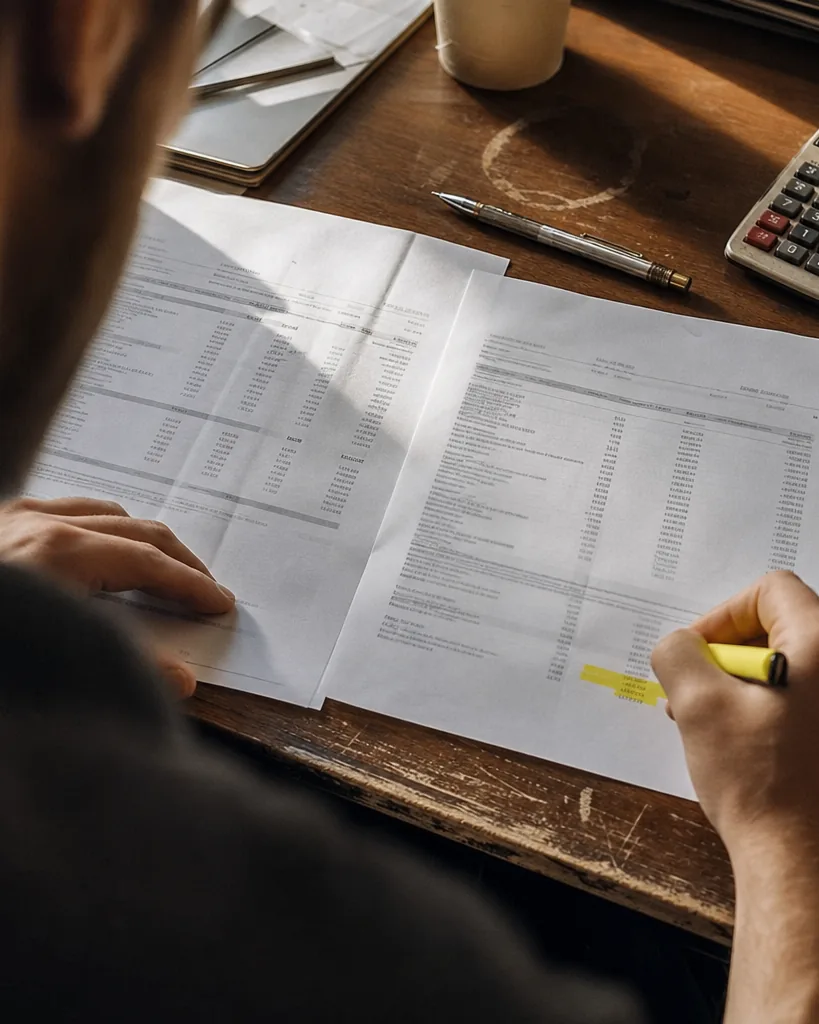 Two printed software invoices on a walnut desk with one total highlighted beside a desk calculator
