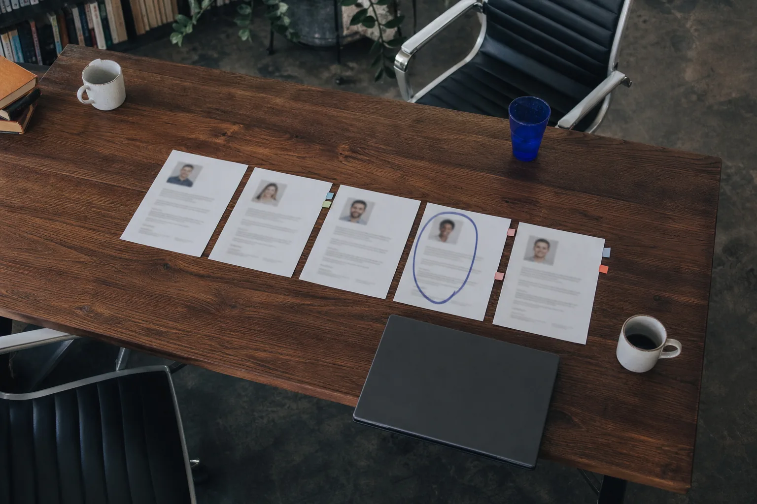 Meeting table with five printed candidate profiles in a row and one circled in blue