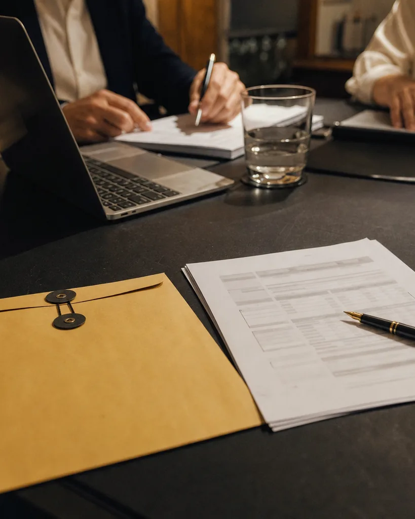 Sealed vendor quote envelope and a printed proposal with a fountain pen on a slate conference table